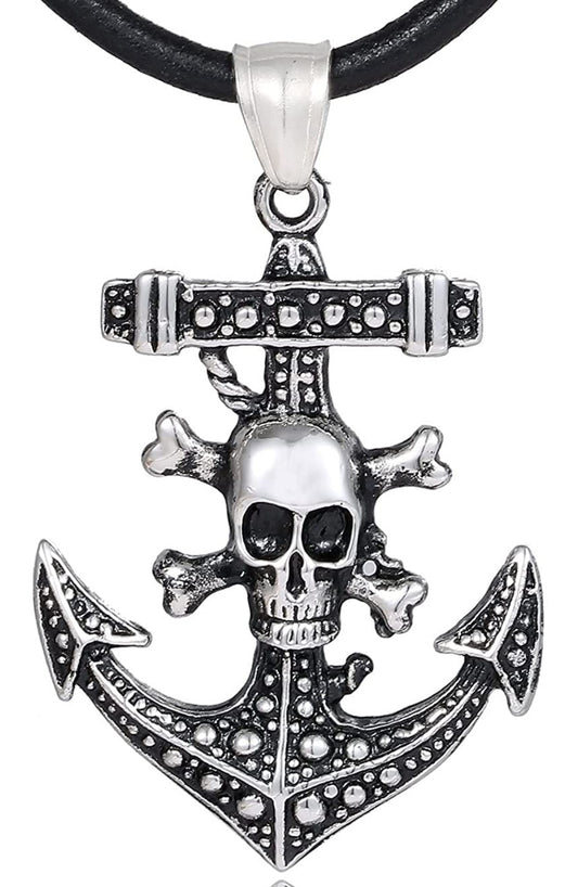 Halskette Anker Totenkopf Edelstahl auf Lederband