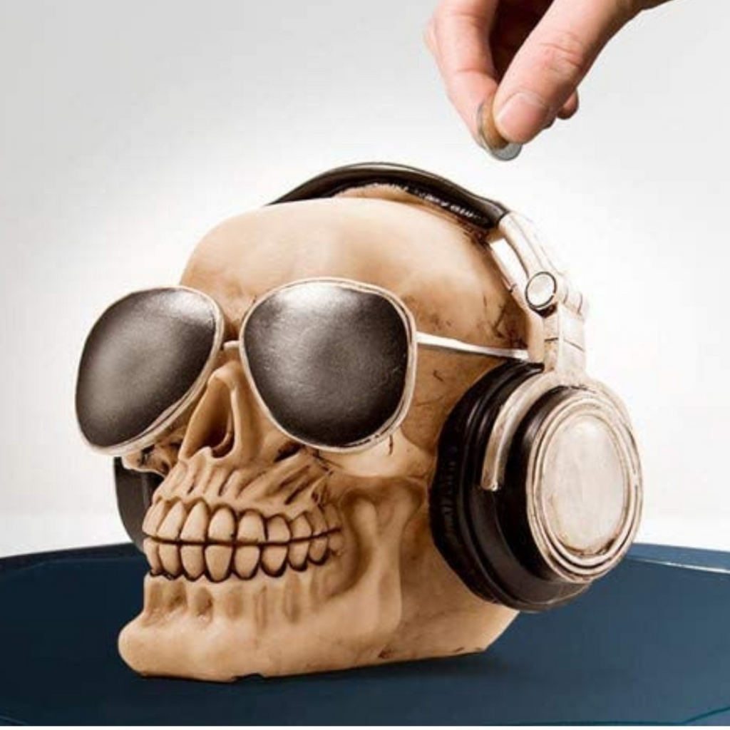 Spardose Totenkopf mit Kopfhörer