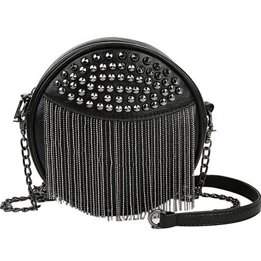 Tasche mit Nieten und Kettenfransen rund schwarz